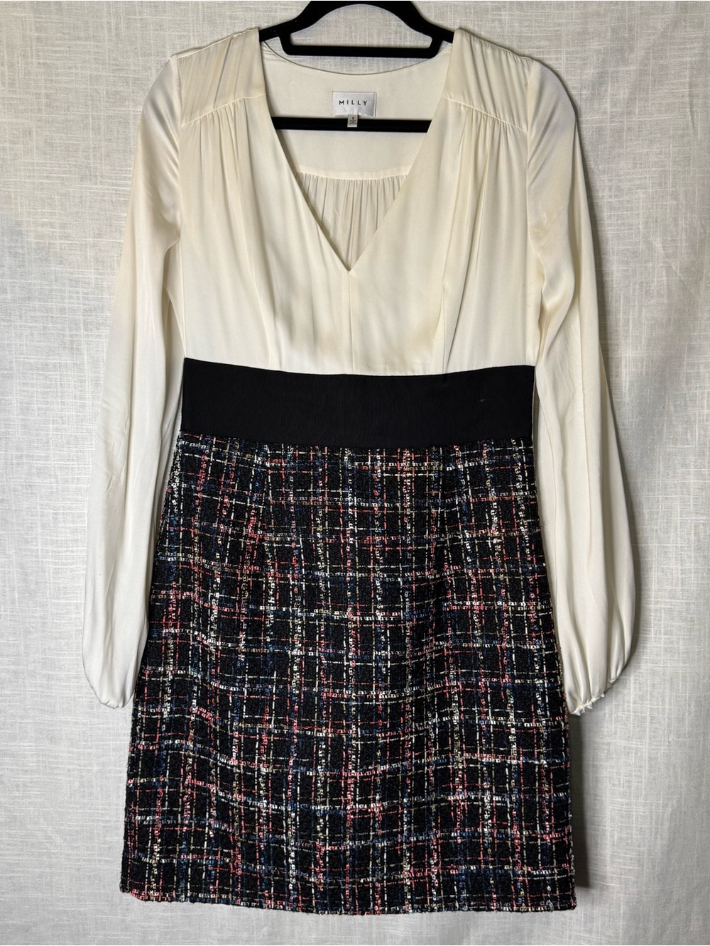 Milly Cream Blouse Top with Black Waist and Multicolor Tweed Skirt